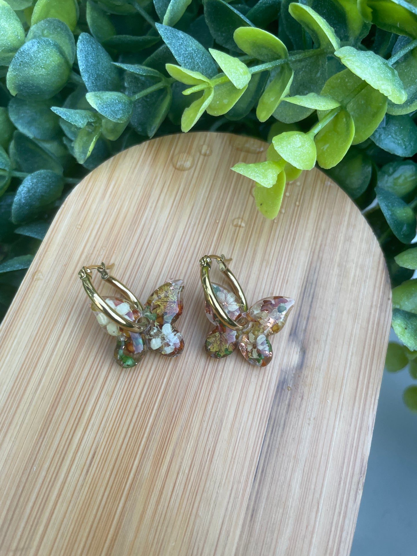 Autumn leaf butterfly hoop earrings
