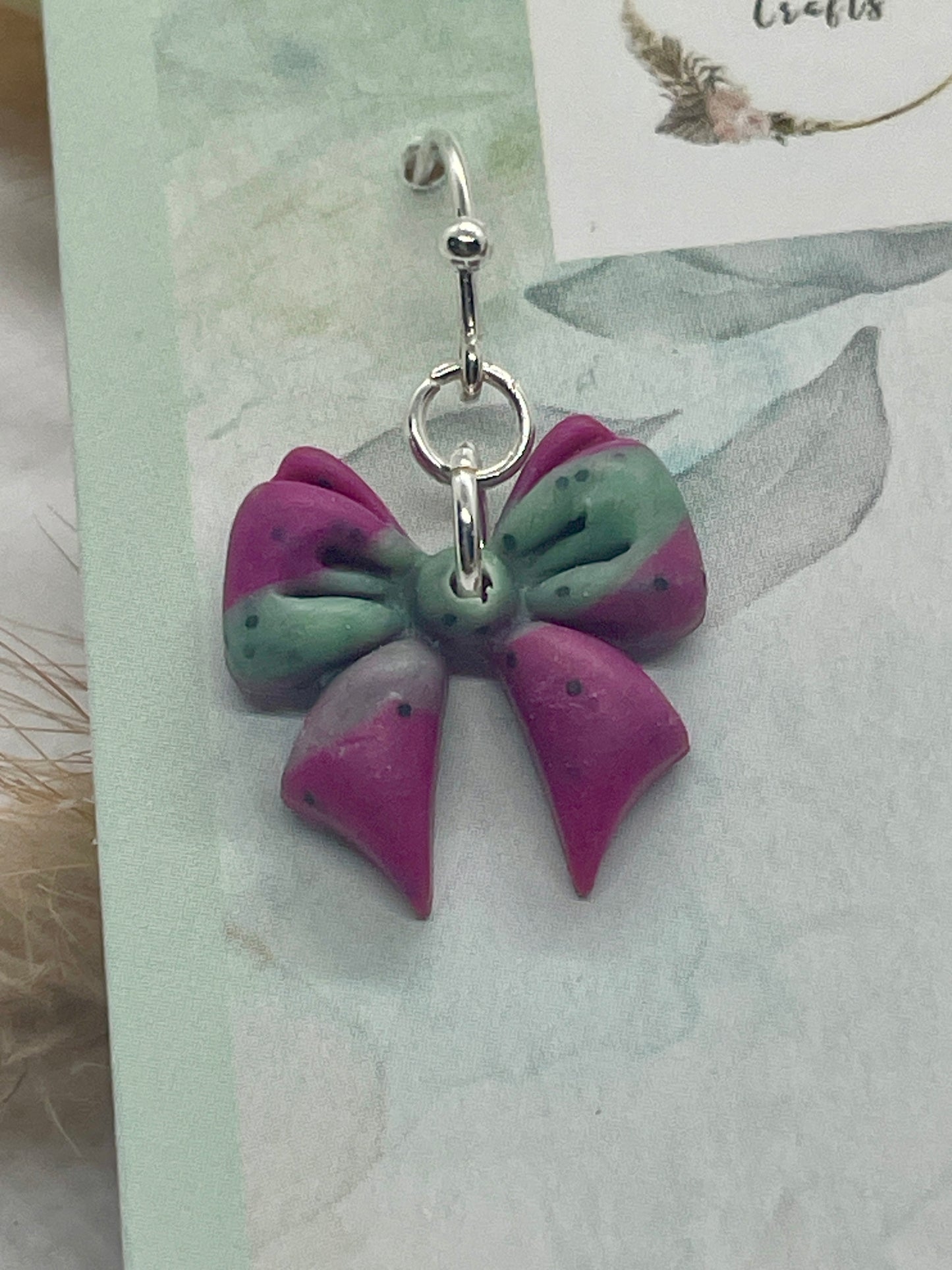 Pink Sage Green stripe winter bow earrings