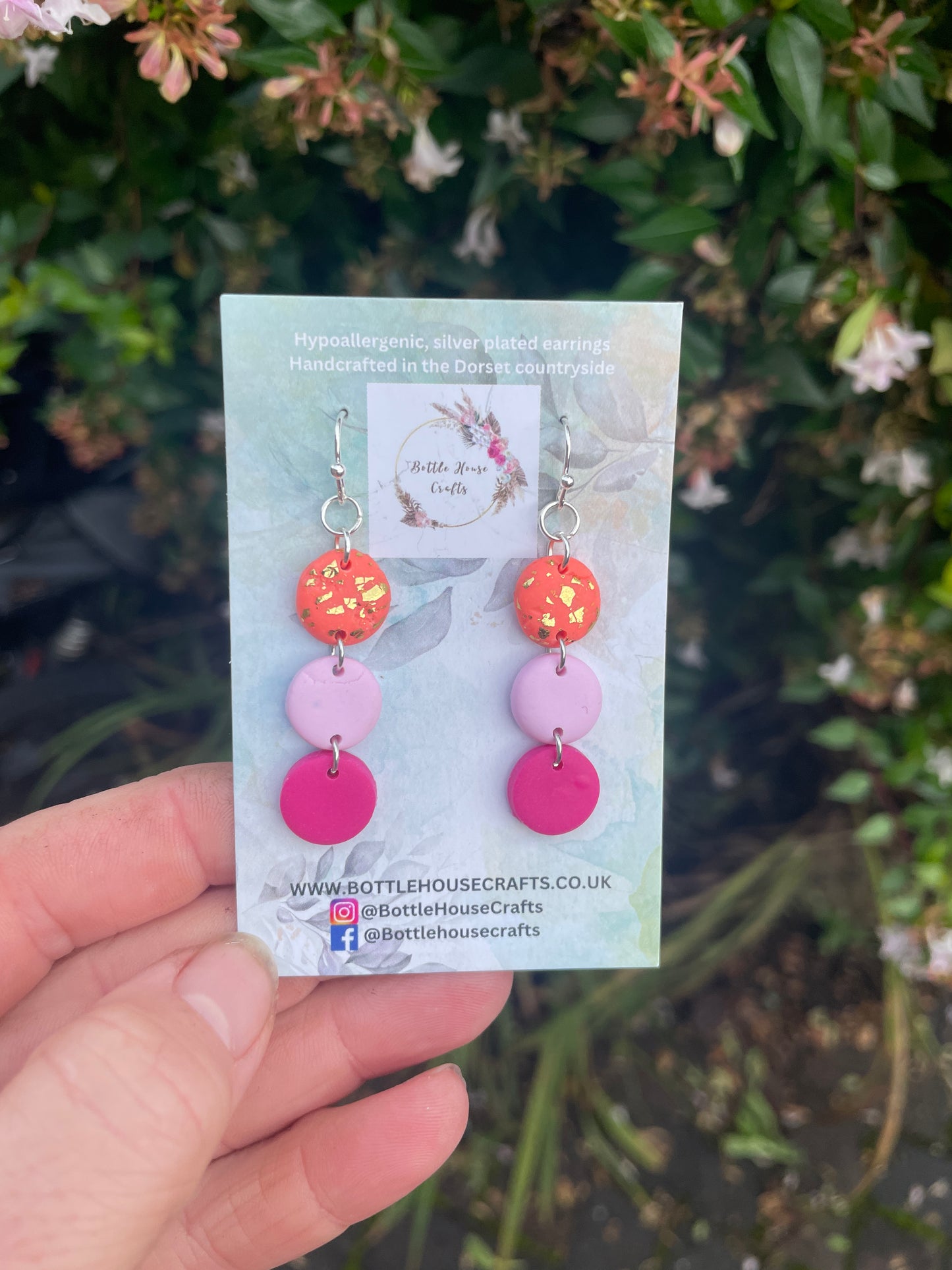 Triple drop pink button drop earrings