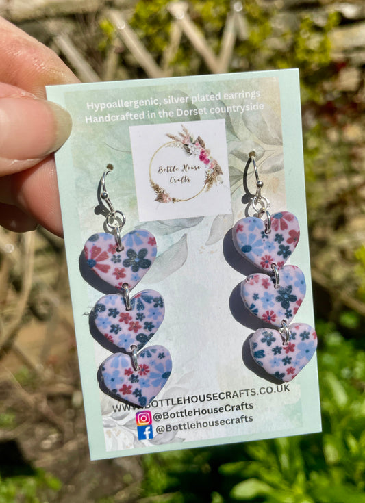 Triple drop floral print heart earrings