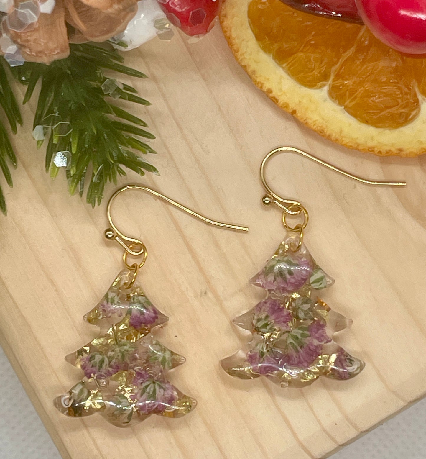 Gold and purple Christmas tree earrings