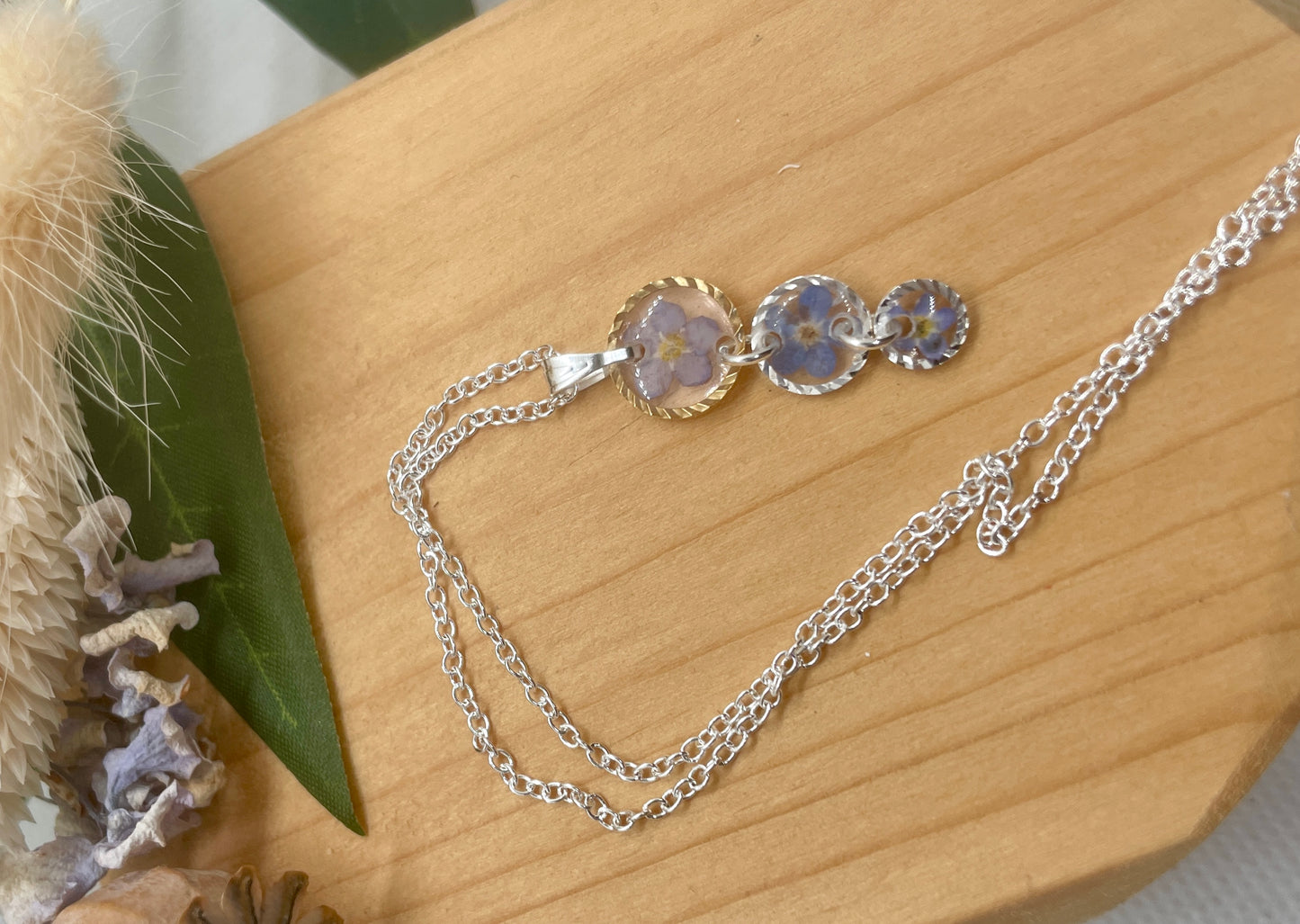 Gold and silver triple forget me not necklace