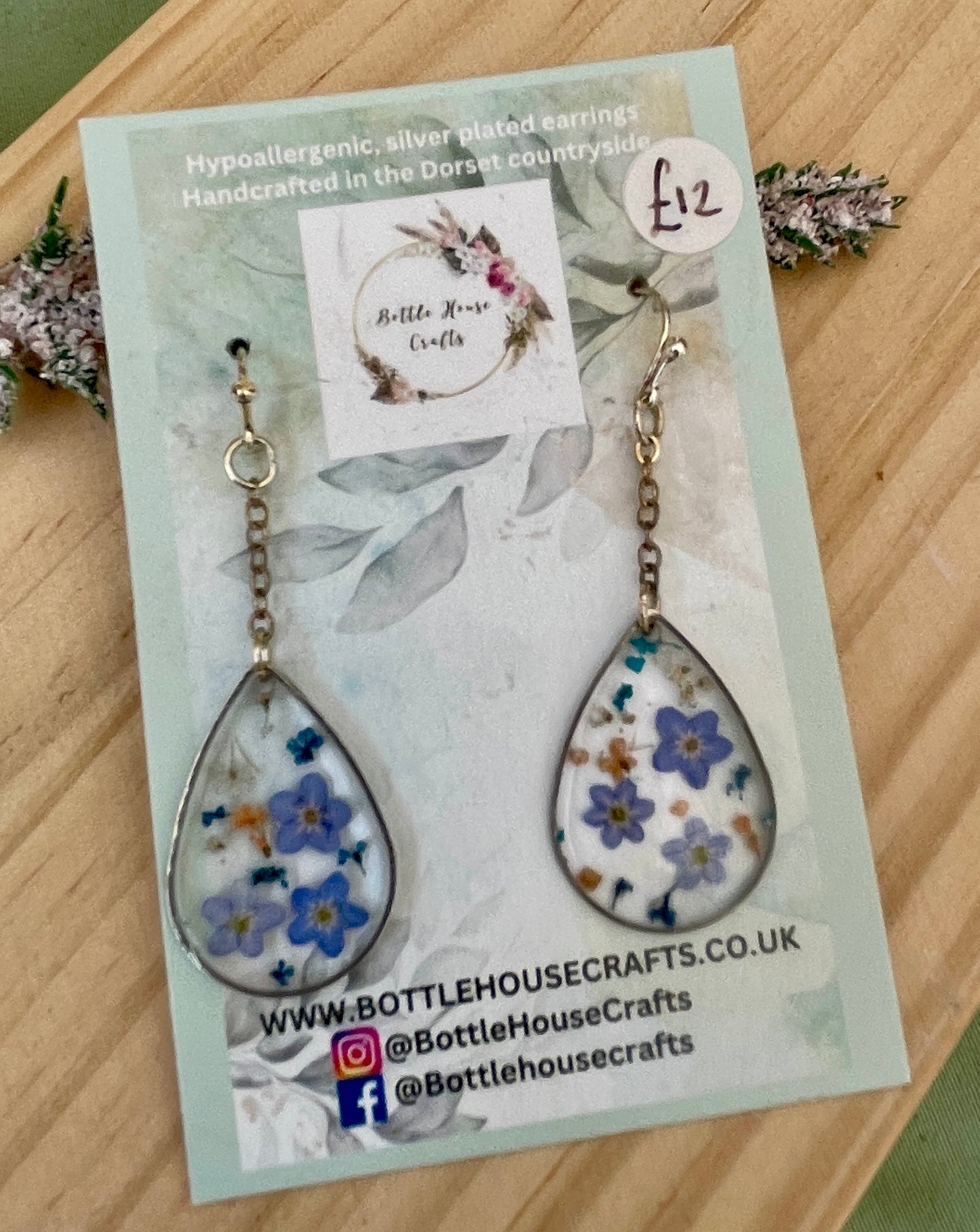 Dangle teardrop forget me not earrings