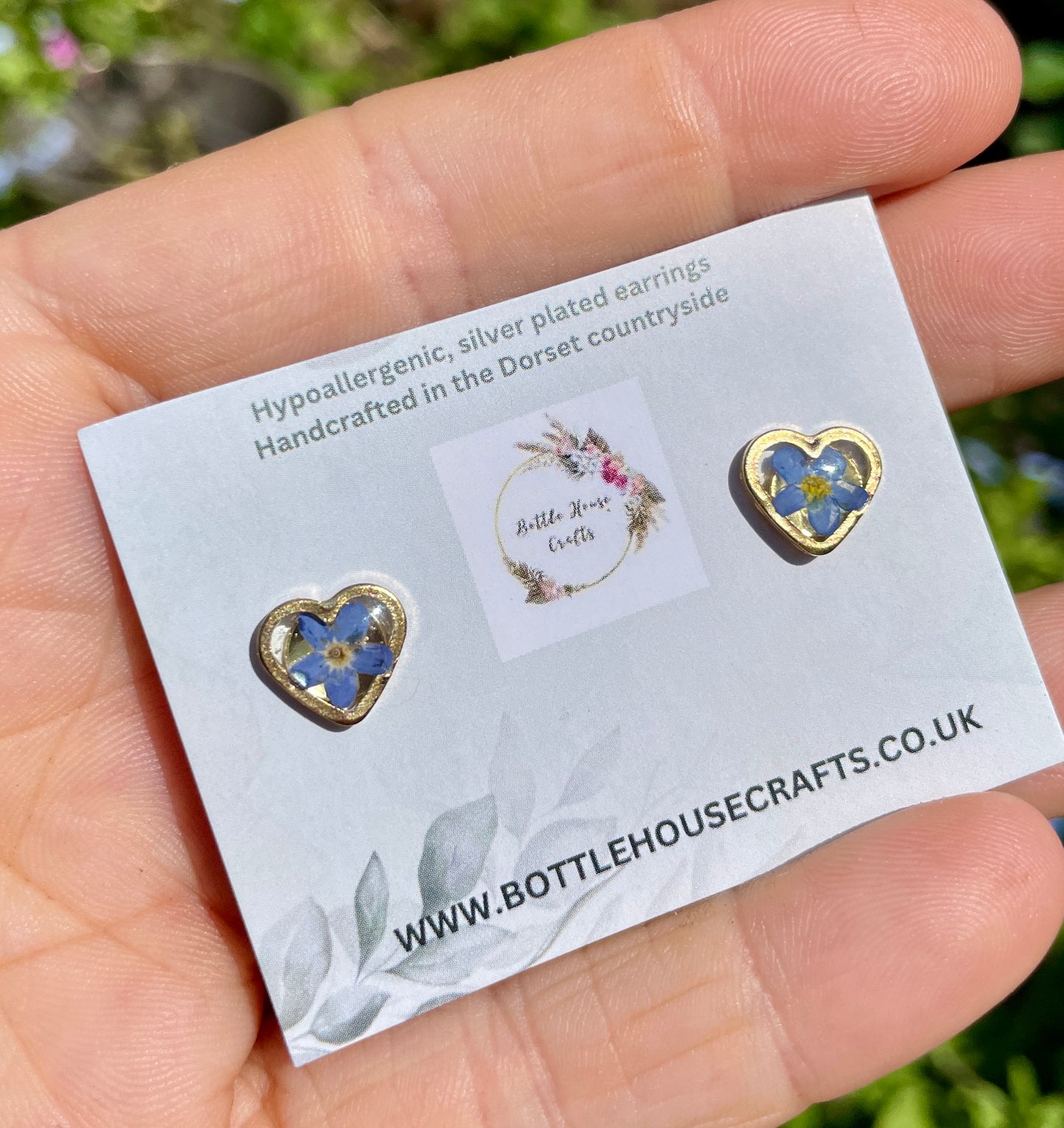 Tiny gold heart forget me not studs