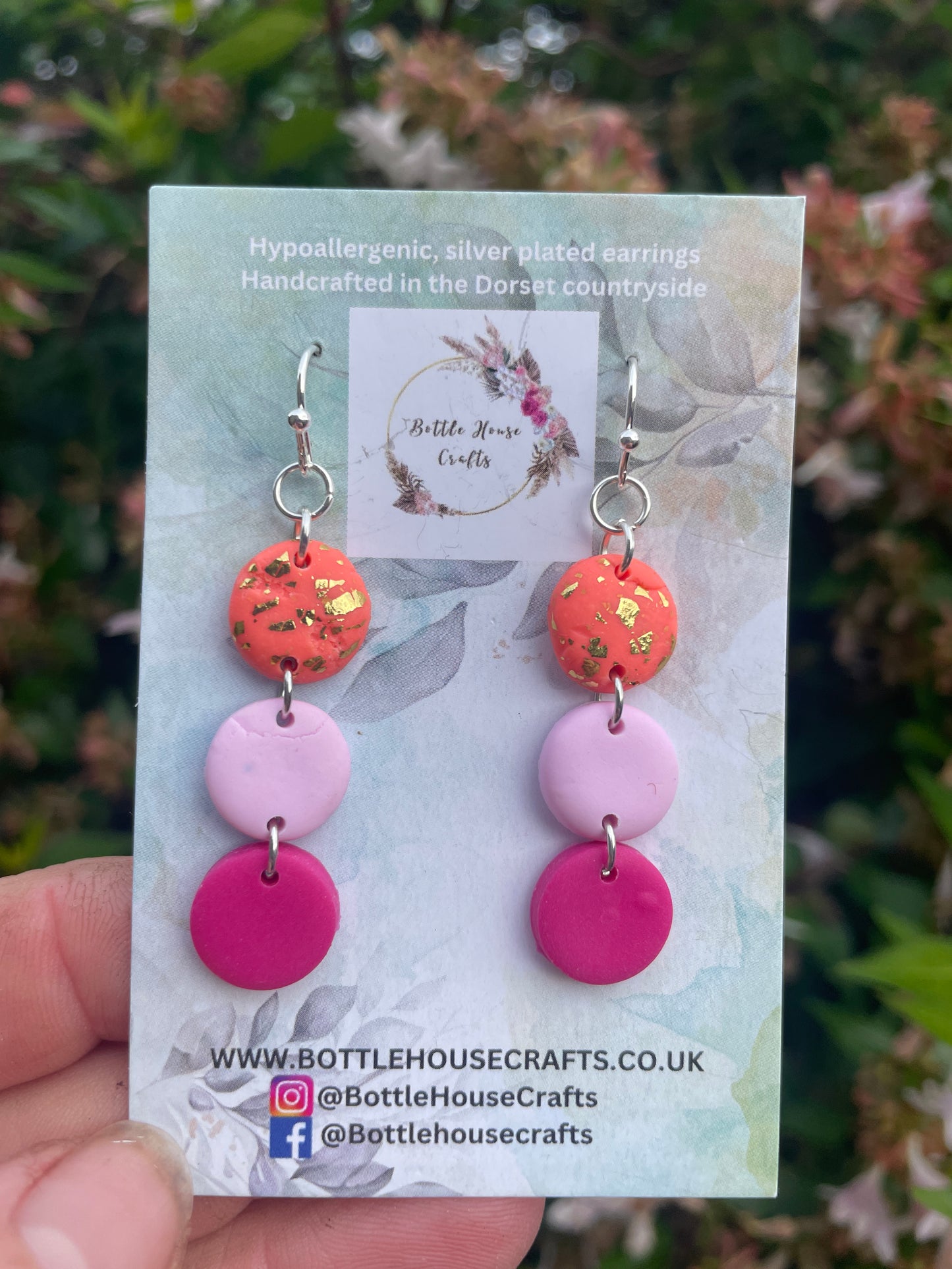 Triple drop pink button drop earrings