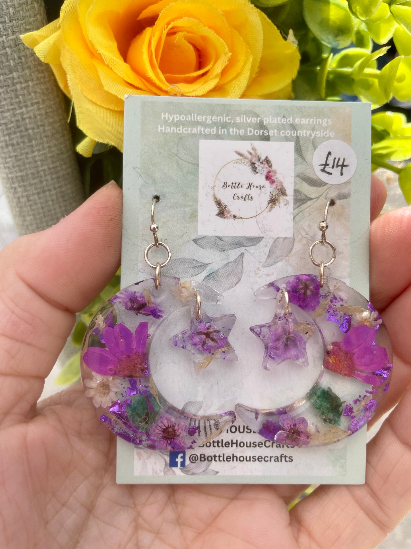 Large moon and star floral earrings