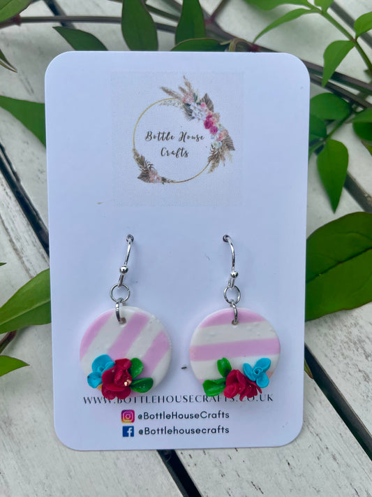 Pink and white floral disc earrings