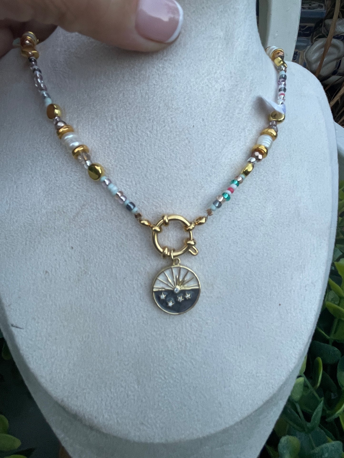 Gold and greens celestial charm beaded necklace