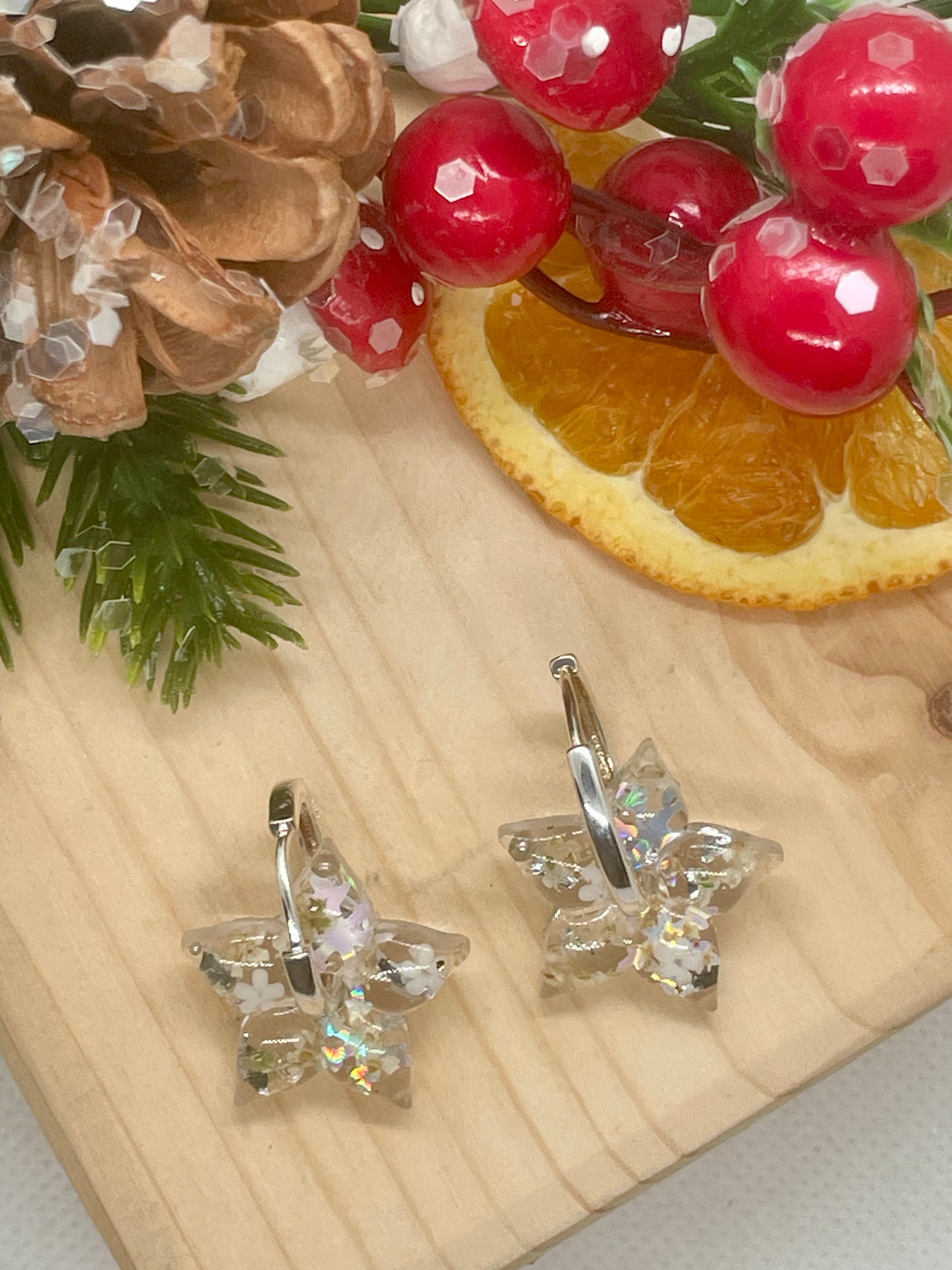 Silver white strong star hoop earrings