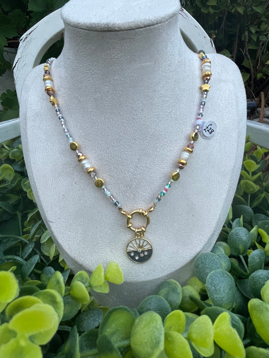 Gold and greens celestial charm beaded necklace