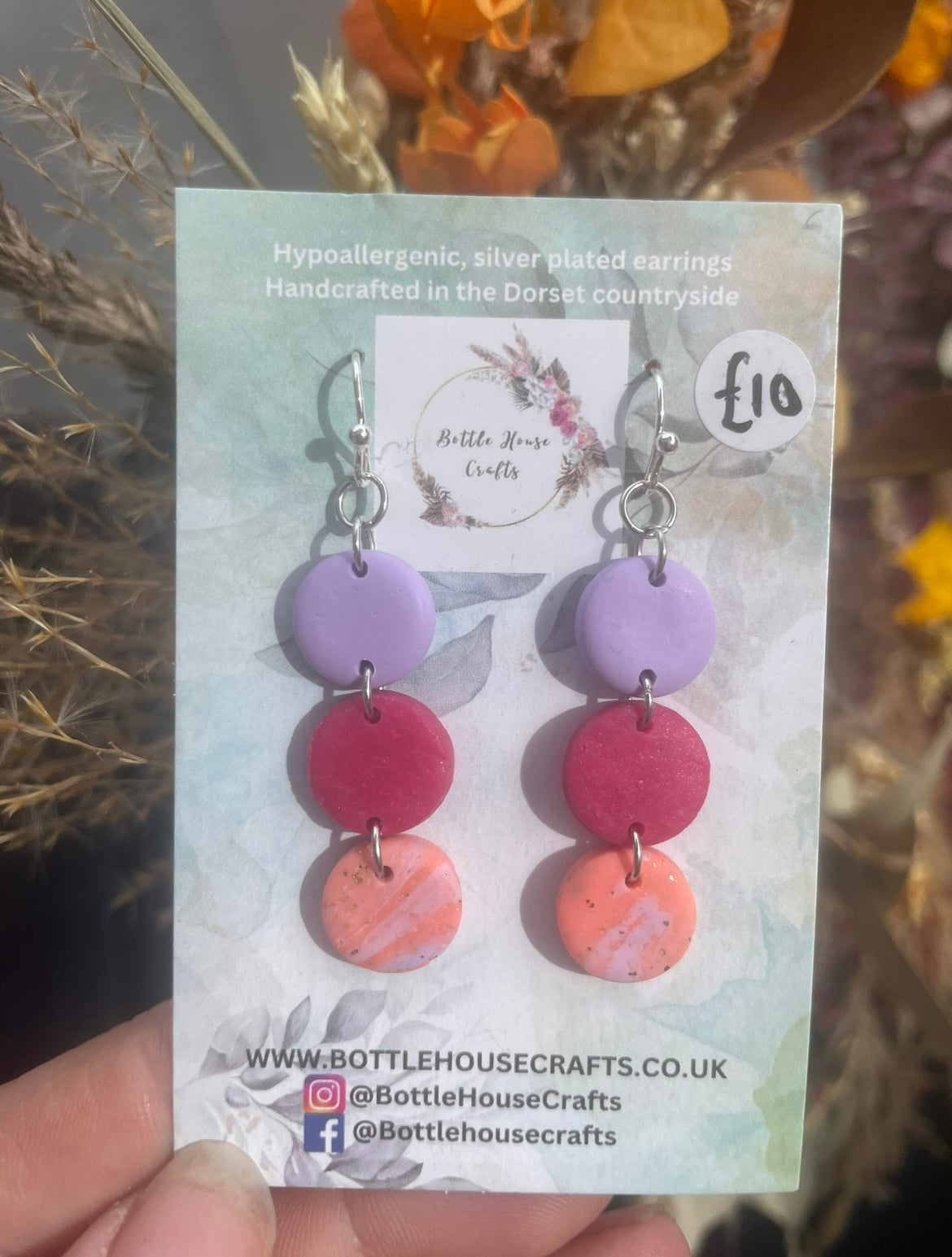 Lilac, pink and coral button drop earrings