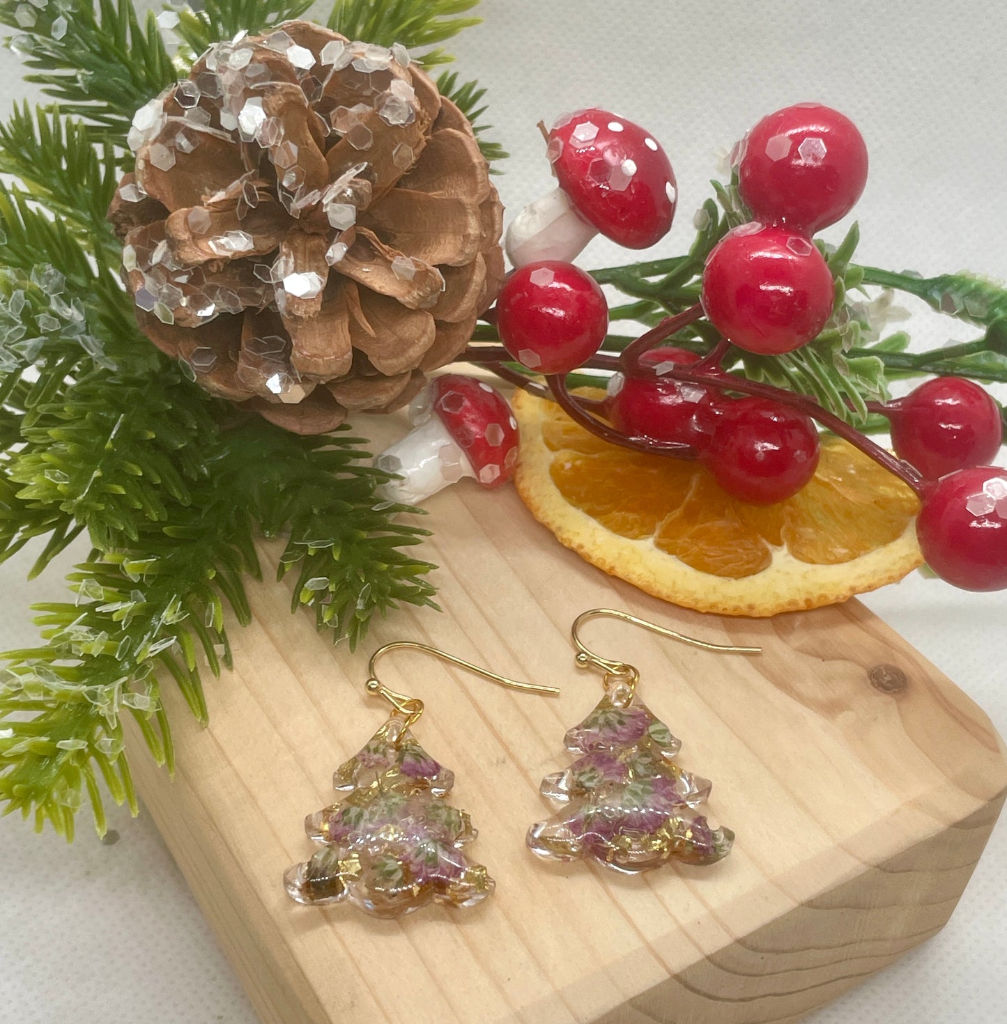 Gold and purple Christmas tree earrings