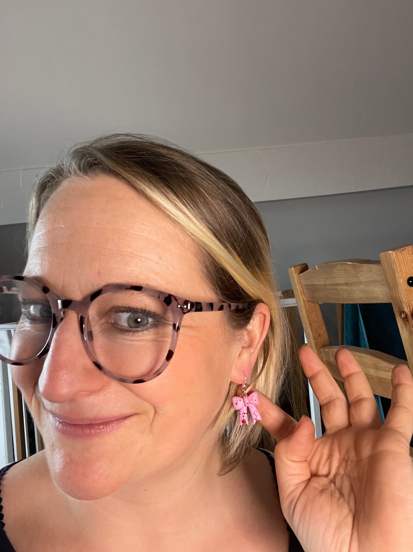 Pink Sage Green stripe winter bow earrings