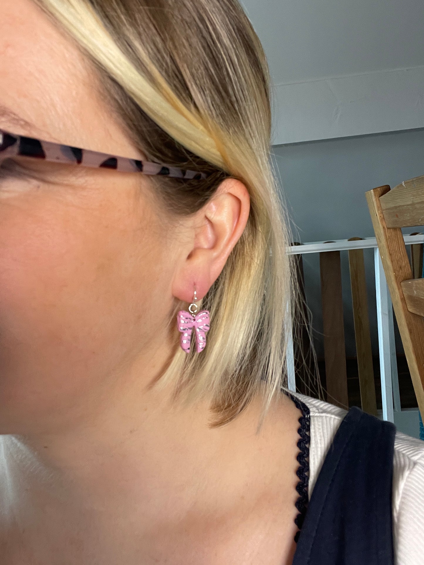 Midi Pink Sparkle Winter Bow Earrings