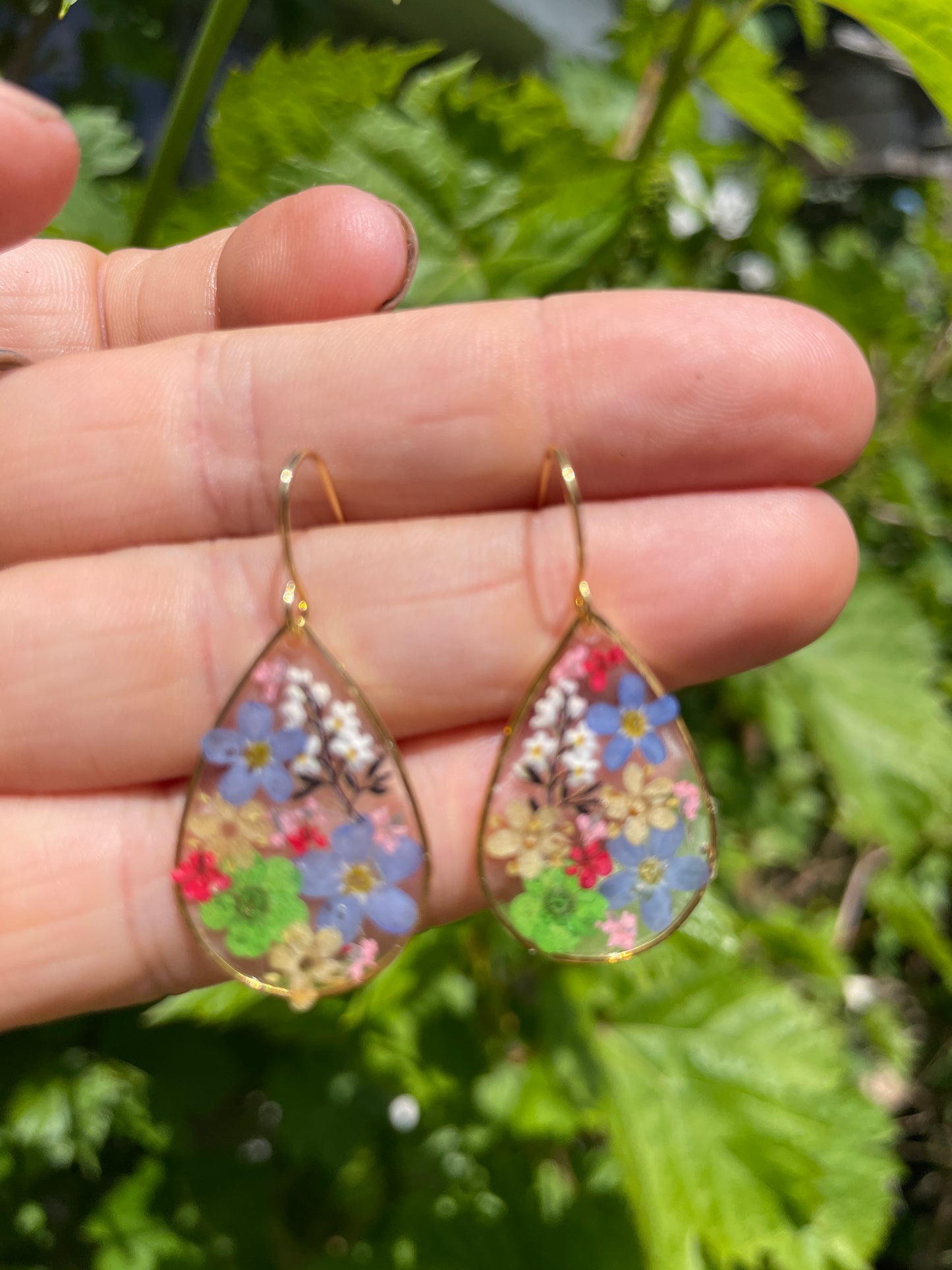 Green accent multi floral tear drop earrings