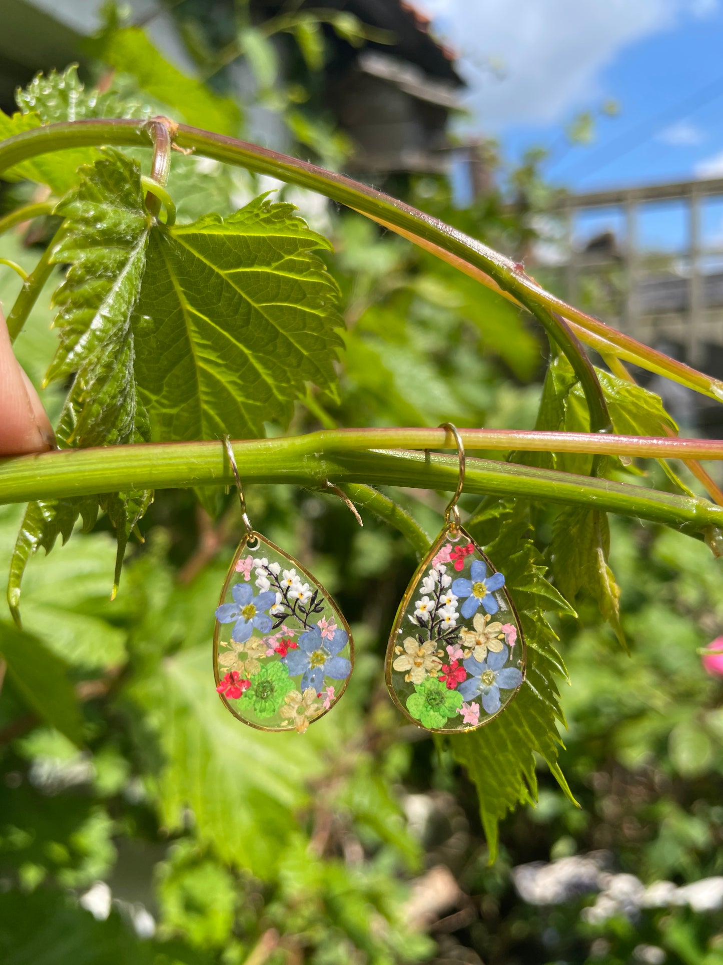 Green accent multi floral tear drop earrings