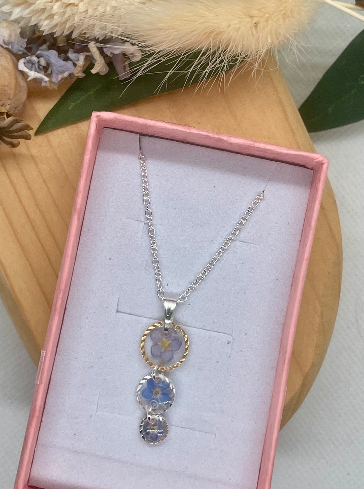 Gold and silver triple forget me not necklace