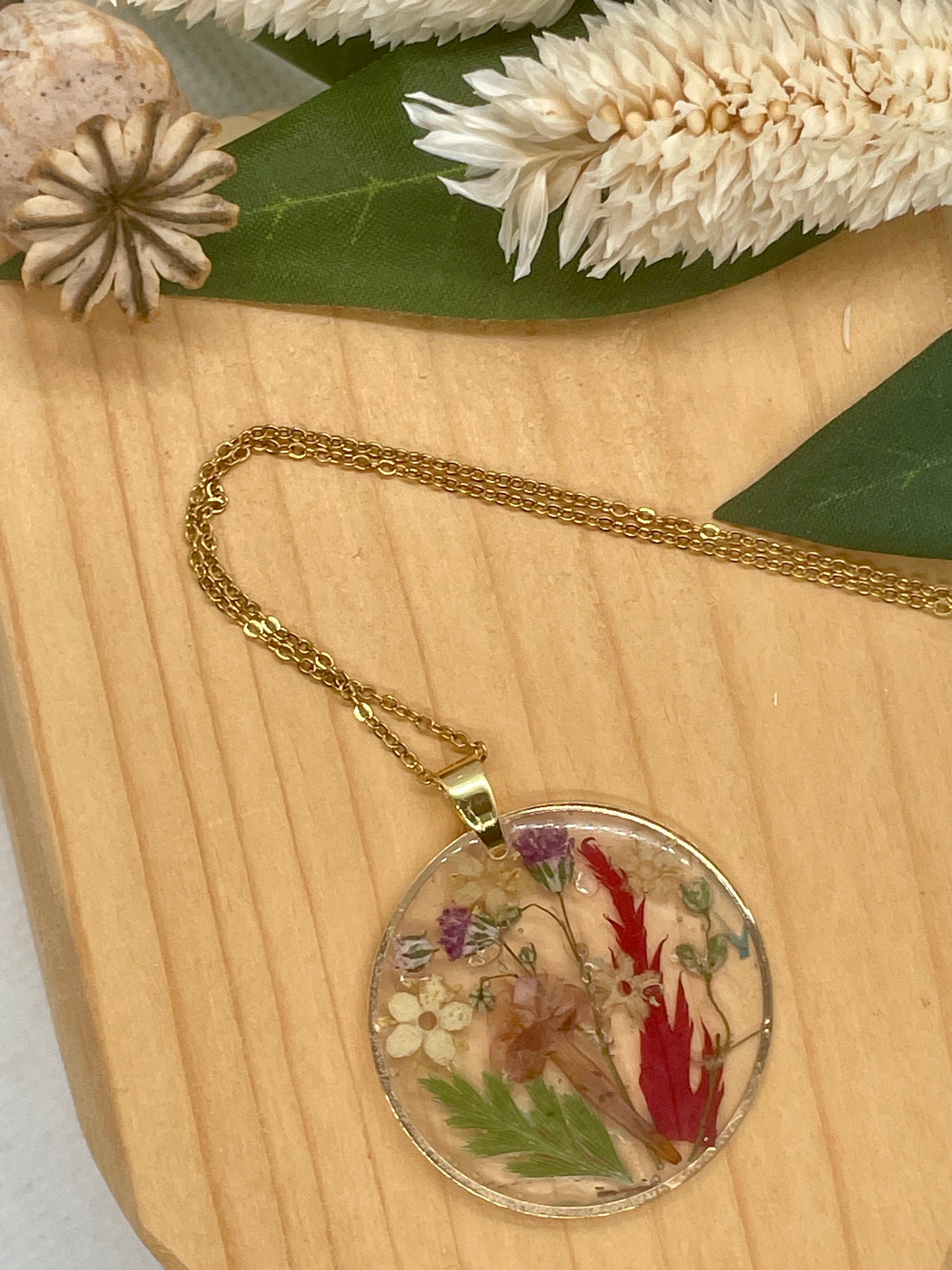 Larger circle autumn garden snapshot necklace