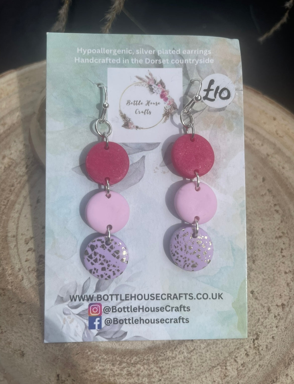 Pink and Lilac button drop earrings