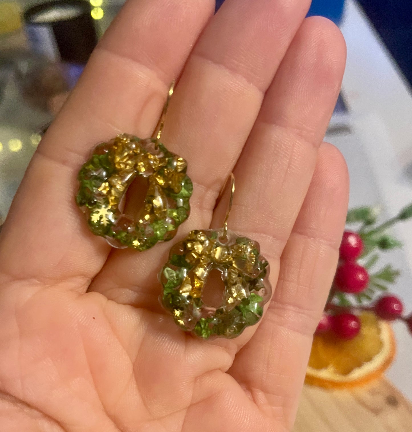 Gold and green Christmas wreath earrings