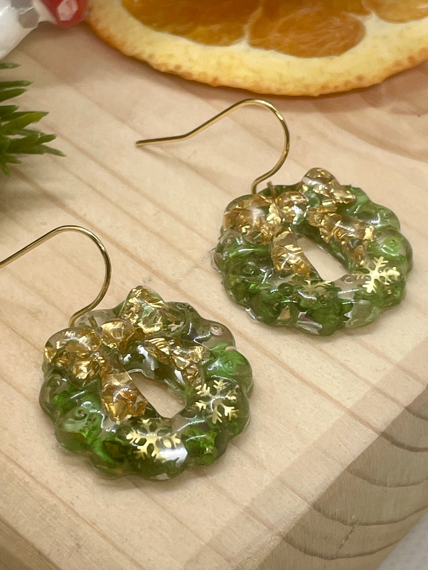 Gold and green Christmas wreath earrings