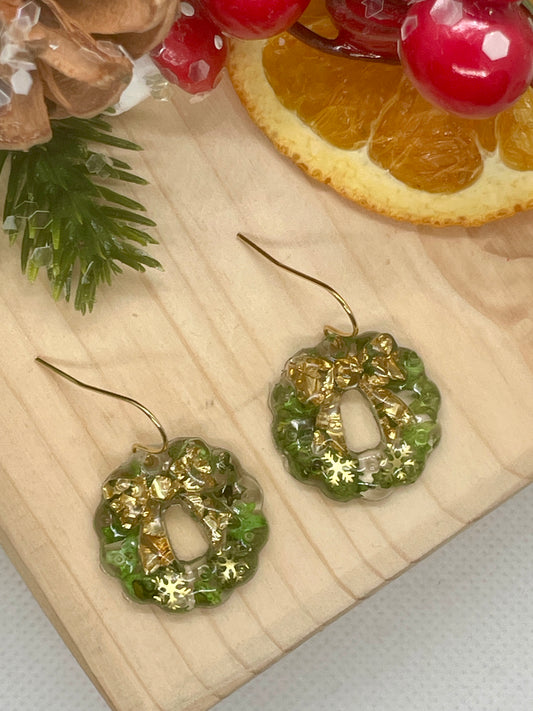 Gold and green Christmas wreath earrings