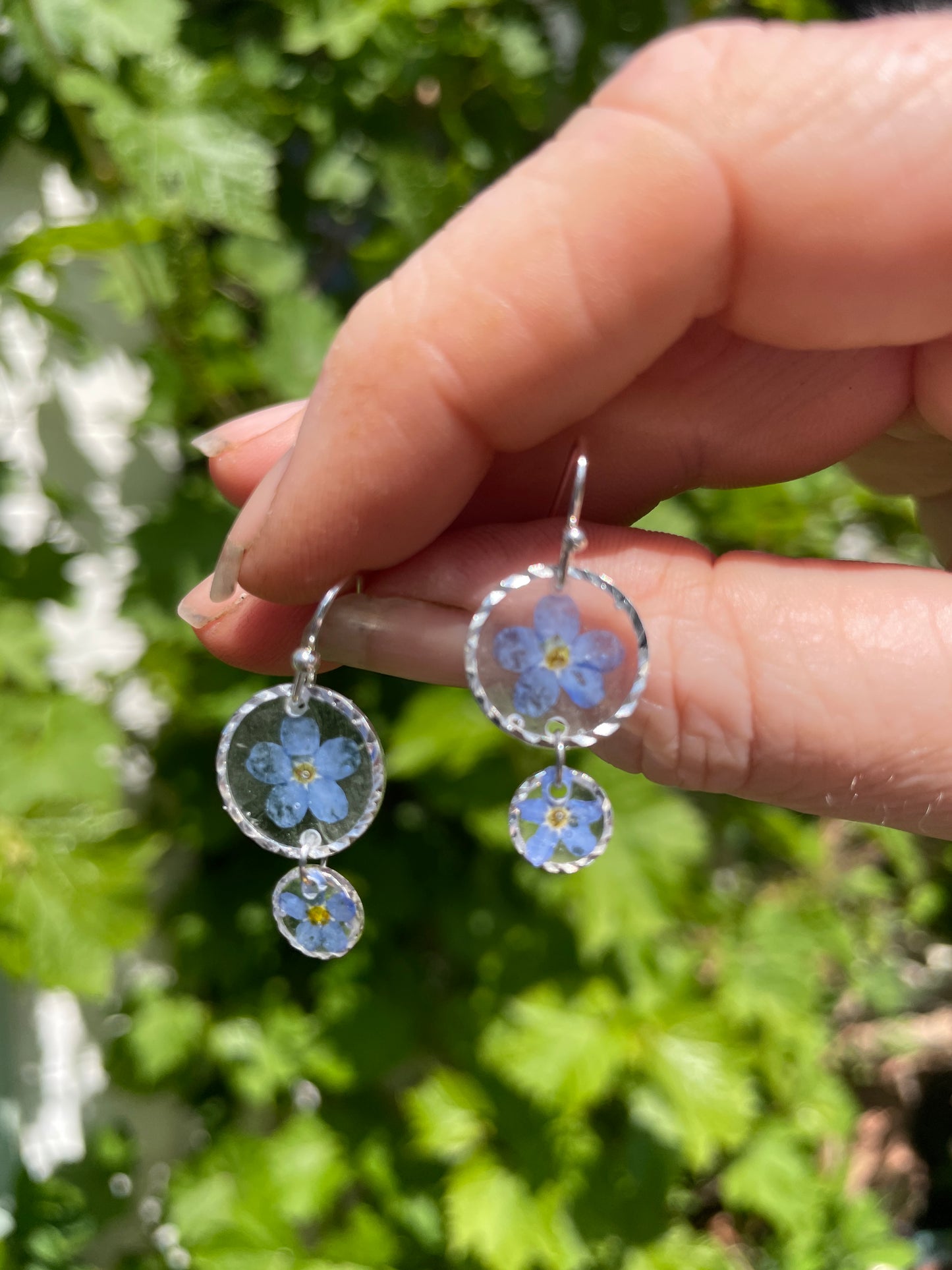Silver forget me not double drop earrings