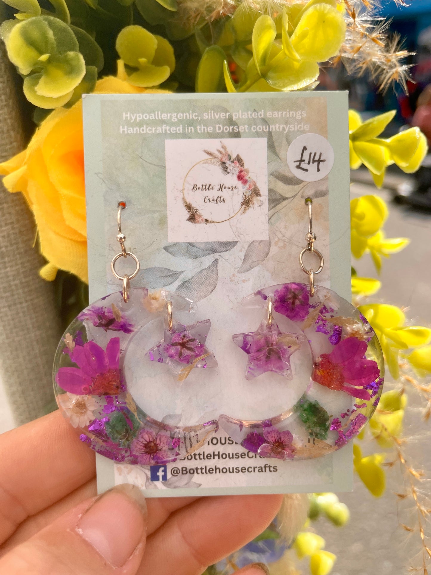 Large moon and star floral earrings