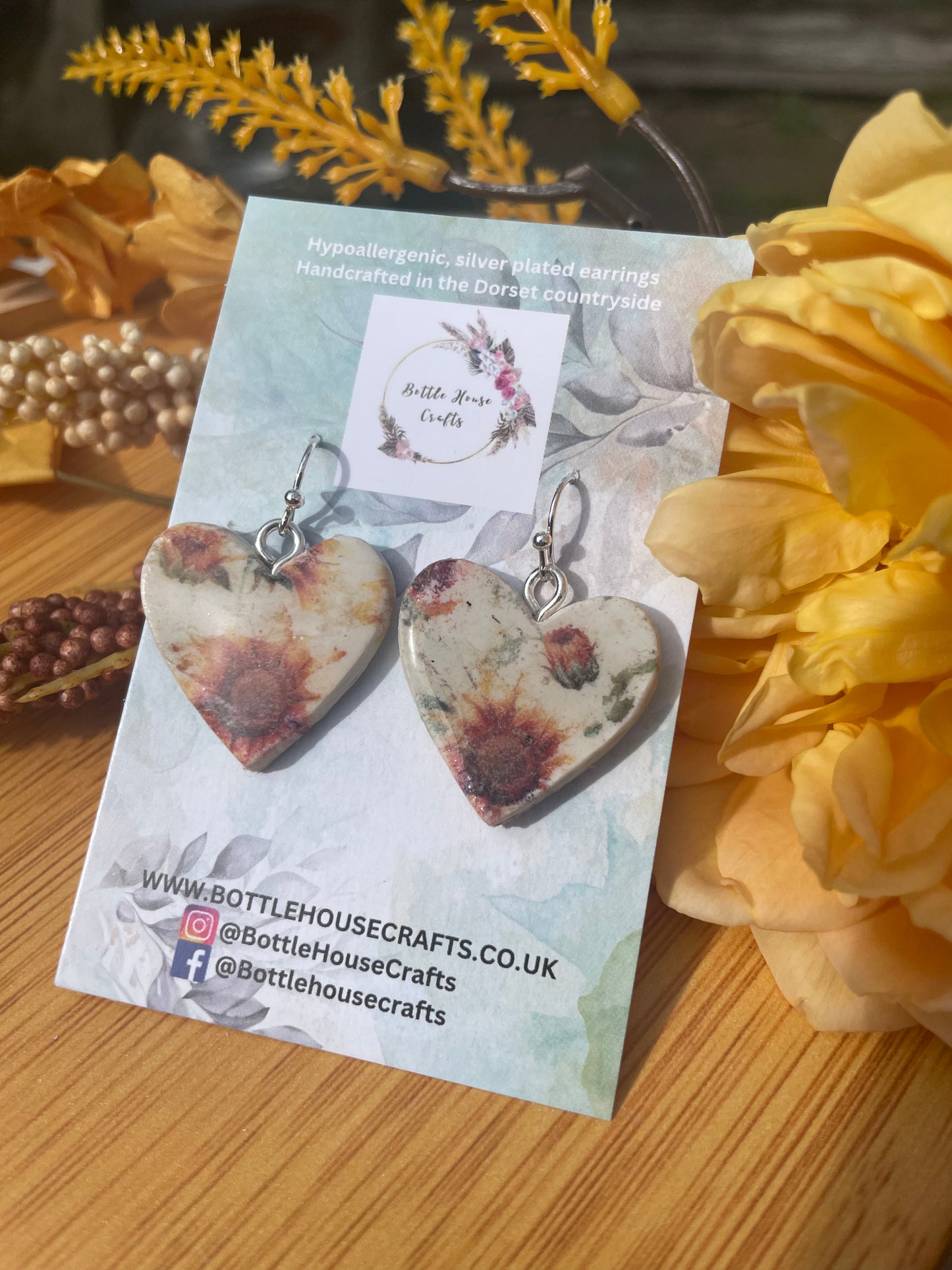 Sunflower print heart earrings