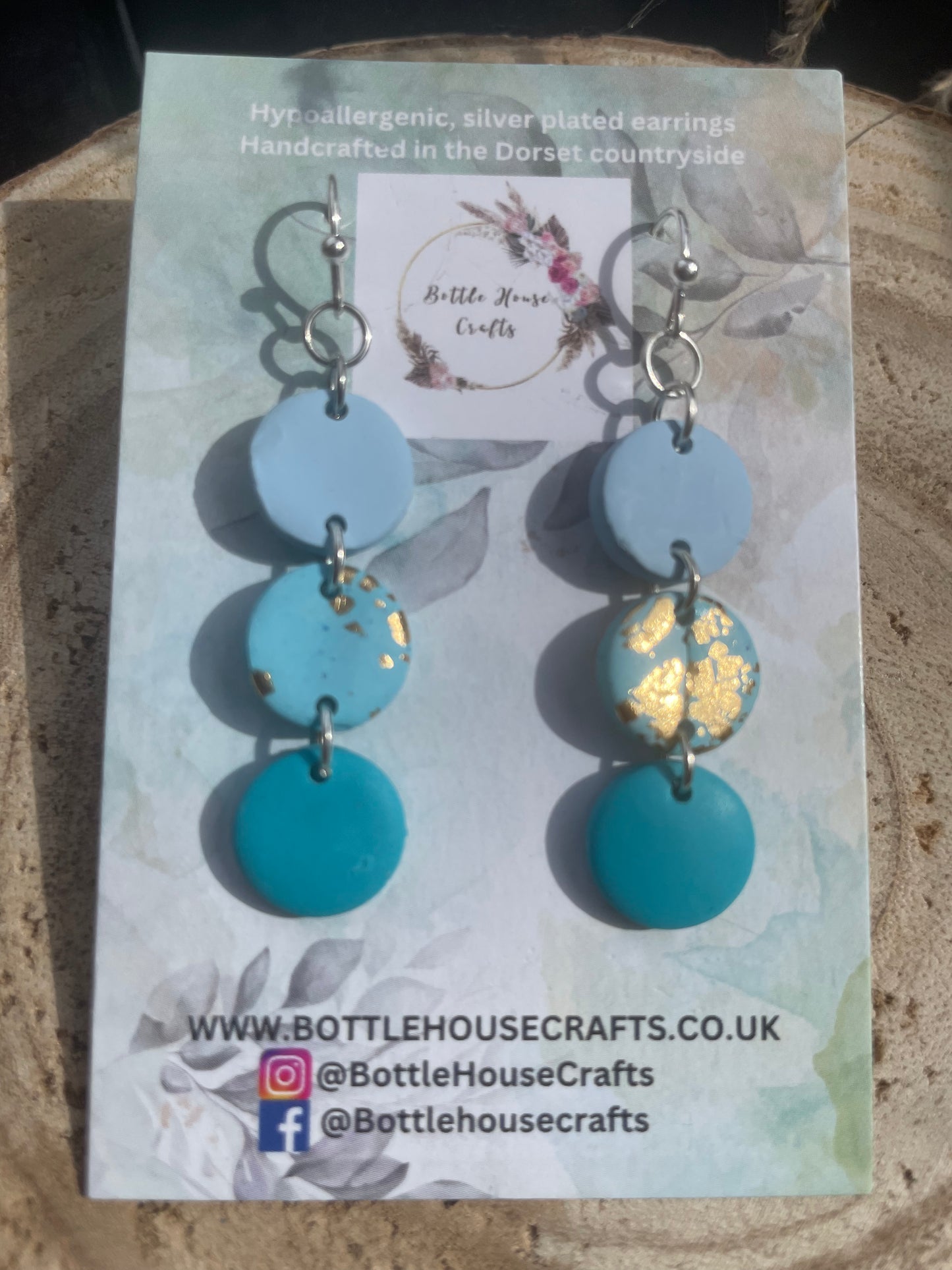 Triple drop blue button earrings